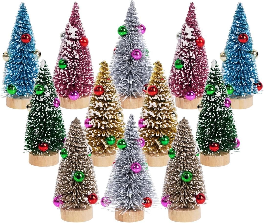 Yookat 12Pcs Mini Christmas Trees Small Sisal Trees Mini Pine Trees with Wood Base Mini Bottle Brush Trees Artificial Mini Christmas Trees Assorted Color for Christmas Winter Decoration (Multicolor) (Dark Gold, Gold, Pink, Blue, Green, Silver)