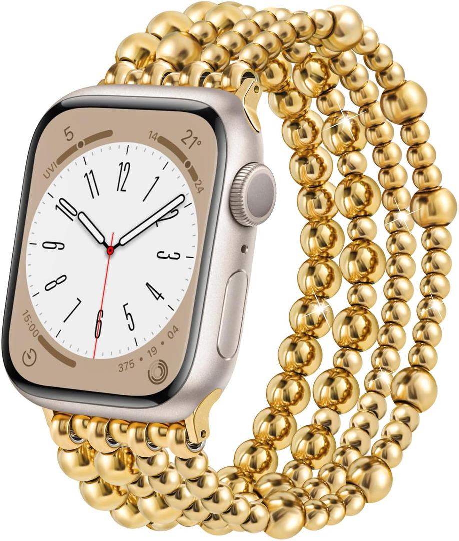 AIRSPO Gold Beaded Bracelets Compatible for Apple Watch Band 38mm 40mm 41mm 42mm 44mm 45mm 46mm Women, Fashion Handmade Dressy iPhone Watch Bands Stainless Steel Beads Elastic Strap for iWatch Series 11 10 9 SE 8 7 6 5 4 3 2 1  (38mm/40mm/41mm-S(5.3"-6.2"))