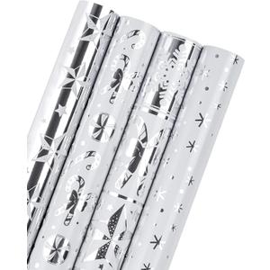 WRAPAHOLIC Silver Christmas Wrapping Paper Roll - Silver Snowflakes, Candy Cane Holiday Collection with Metallic Foil Shine - 4 Rolls - 30 Inch x 120 Inch Per Roll