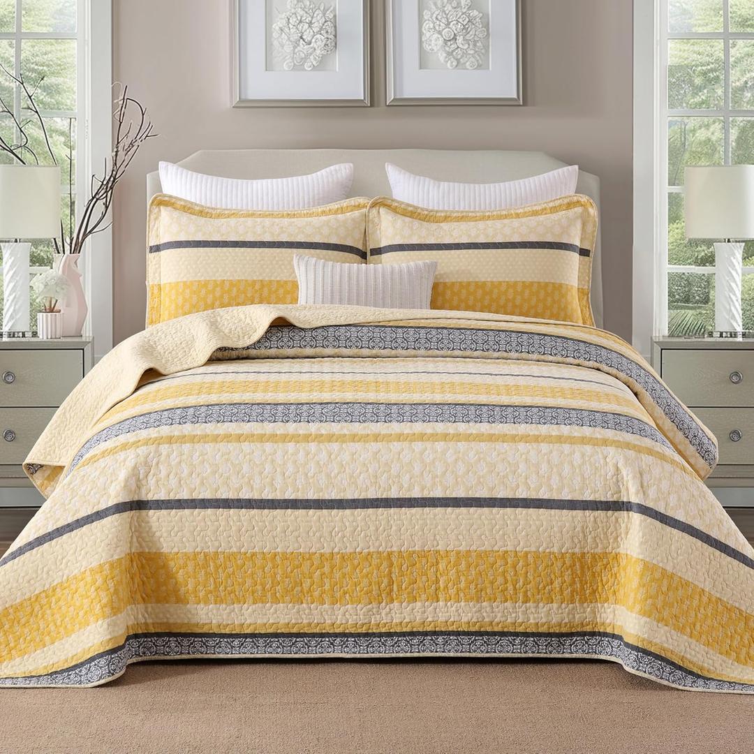 Homzard Quilt Cotton Queen Quilt Bedding Set,Yellow Black Grey Queen Size Comforter Set,Striped Bedspread Queen Size, Lightweight Farmhouse Bed Set Cover All Season 3 Pieces (Queen (90"x98"), 01-2 Yellow/Gray/Black)