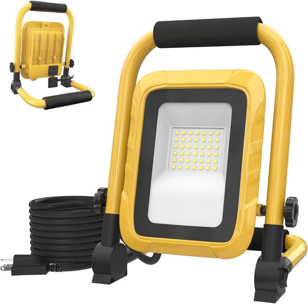LHOTSE 5000LM LED Work Light, 30W Portable Flood Light with Socket, Outside Work Lights with Stand, Angel Adjustable Worklight for Workshop Garage,Construction Site, IP54 Waterproof