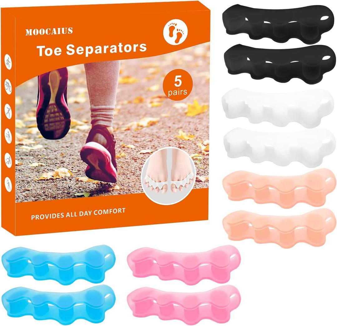 Toe Separators, 5 Pair Soft Gel Toe Spacers to Correct Bunions, Toe Stretcher for Therapeutic Relief from Plantar Fasciitis, Claw Toes,Hammer Toes, Foot Pain for Women & Men (5 in 1) (5color)