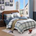 AMBERSPACE Plaid Queen Comforter Set, Blue Grey Bedding Set 7 Piece for Boys Girls Teen, Classic Homestead-Style Kids Comforter Set Bed in A Bag with Sheets, Pillowcases & Shams