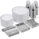 Goodluck 300-Piece Disposable Dinnerware Set for 50 Guests - Silver Plastic Plates, Salad Plates, Cutlery & Cups for Parties & Weddings