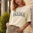 Mama Shirts for Women Oversized Cute Mama Print Graphic Tees Trendy Mom Short Sleeve Tops Beige (Beige, S)