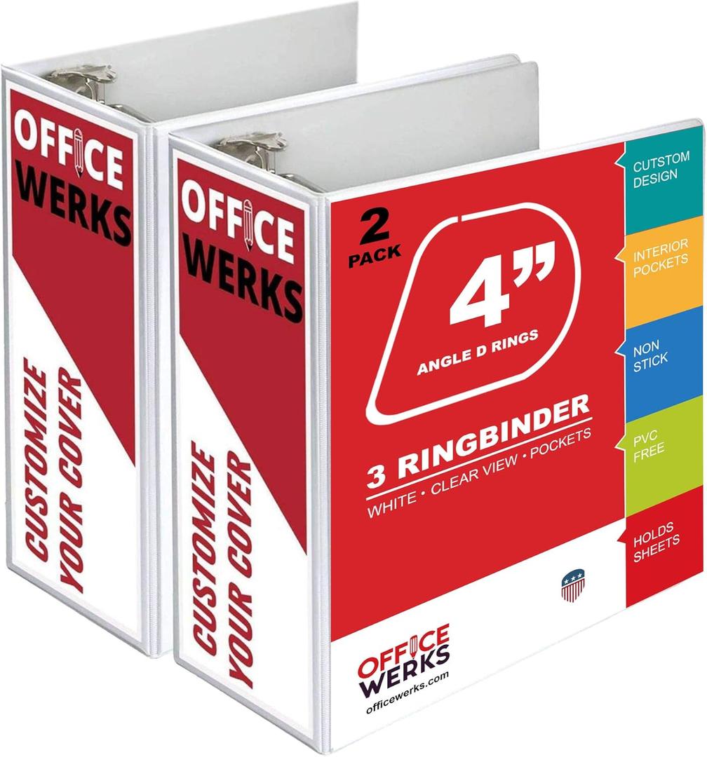 Performore 3 Ring Binder, Professional Angle D Ring 4 Inch, Presentation Folder for Standard Pages 8.5 x 11 with Pockets, Crystal Clear View White (2 Pack)