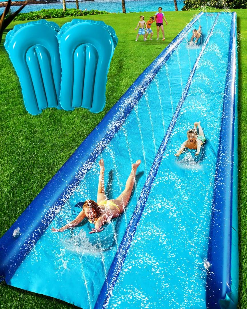Slip and Water Slide for Kids and Adults Backyard,2 Lanes Extra Long Inflatable Slip and Water Slide with Sprinkler and Bodyboards,Heavy Duty Summer Outdoor Water Toy,Blue Shark Theme, 22ft-Double Lane