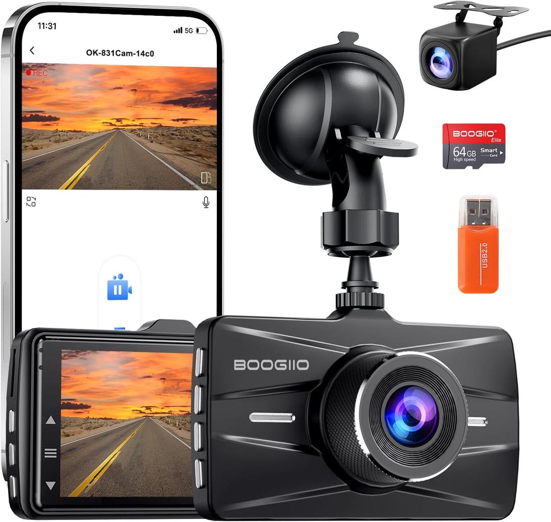 Dash Cam Front and Rear with 64GB SD Card, 4K Dash Camera for Cars with APP, 5G Wi-Fi Car Camera, Built-in G-Sensor, 170 Wide Angle, Night Vision, 24H Parking Mode, Loop Recording, 3" IPS Screen