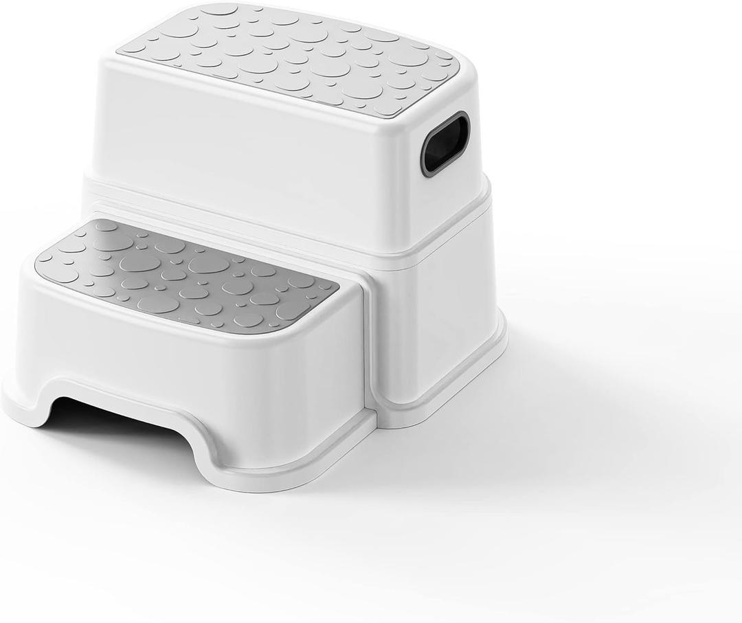 Two Step Stool for Kids  Non-Slip Toddler Step Stool for Bathroom Sink & Potty Training, Dual Height 9.5, Safe & Sturdy for Kitchen, Bedroom & Classroom (Gray White)