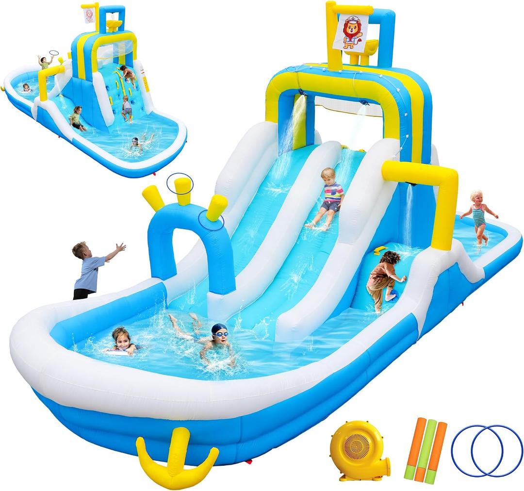 Inflatable Water Slide, Water Bounce House for Kids Aged 3-12 | 248 x 96 x 110 inches, Blow Up Water Slide Park with Blower, 2 Splashing Pools, Water Bucket, Climbing Wall for Kids Backyard