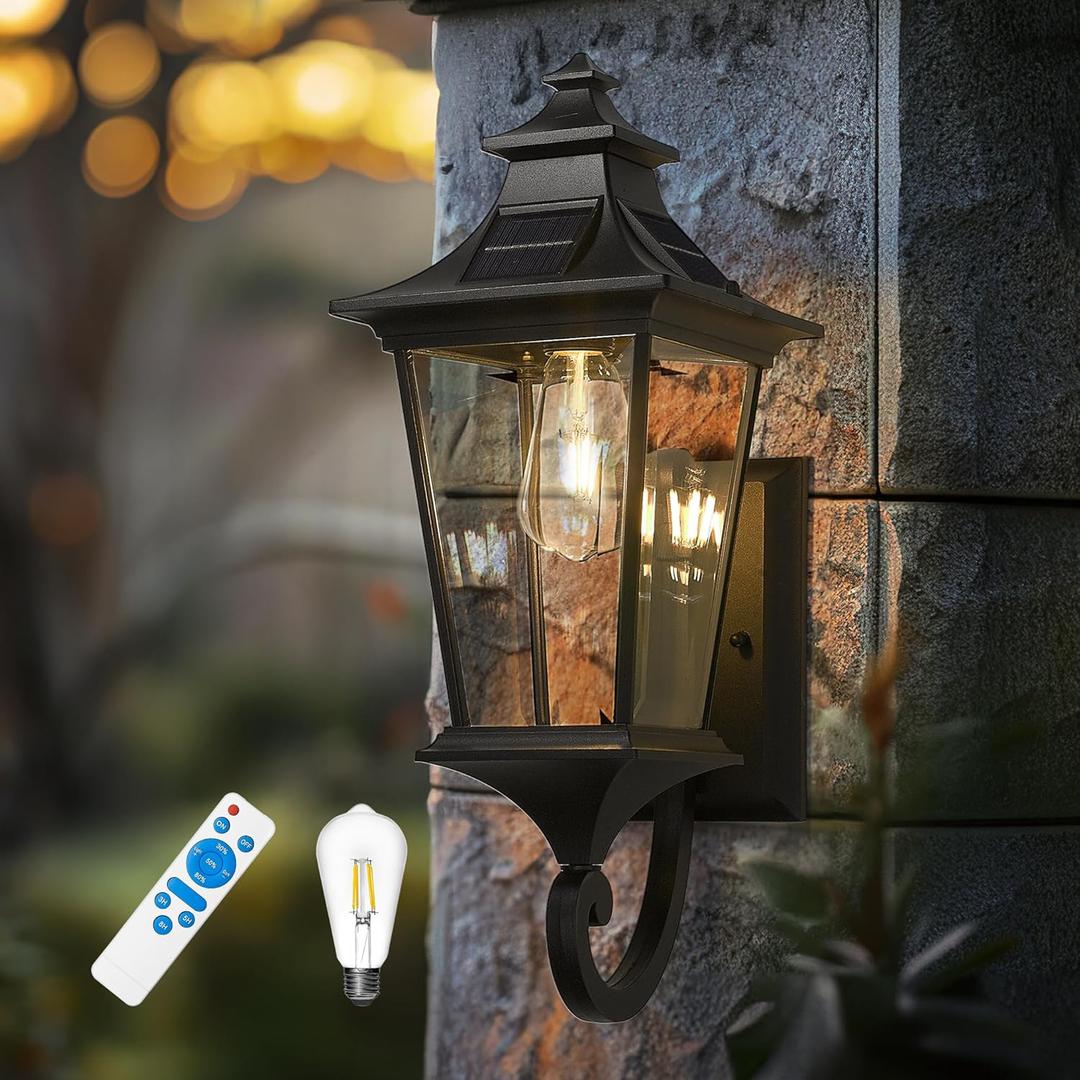 Emliviar Solar Exterior Front Porch Light with Remote Control, 3 Lighting Modes Waterproof Solar Wall Lantern, Auto On/Off Black Outside Light with Clear Glass, 500181-SL BK (Medium - 1 Pack)