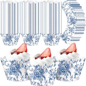 Domensi 100 Pcs Blue Floral Cupcake Wrappers Rustic Cupcake Liners Baking Cups Baking Liners for Wedding Bridal Baby Shower Birthday Party Supplies Dessert Decoration, Blue