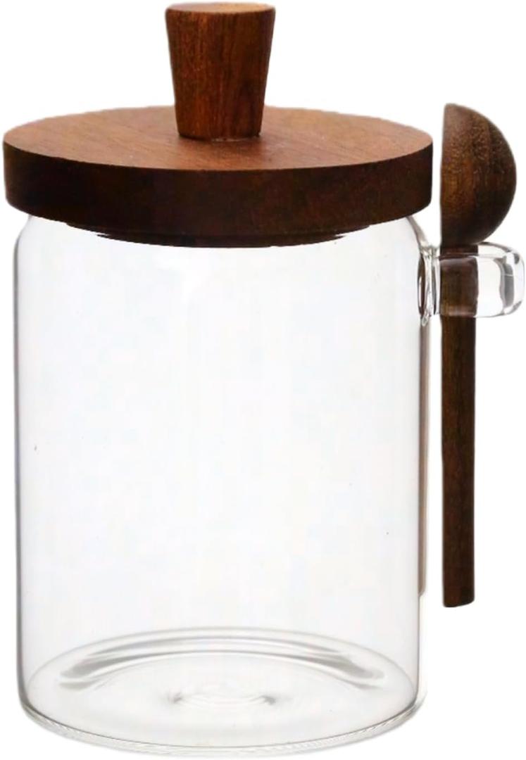 Sugar Bowl with Lid and Spoon,20 oz Sugar Container for Coffee Bar, Glass Coffee Canister, Airtight Food Storage Jar, Brown Sugar Container, Cereal Tea Salts Spice Jar (Flat)