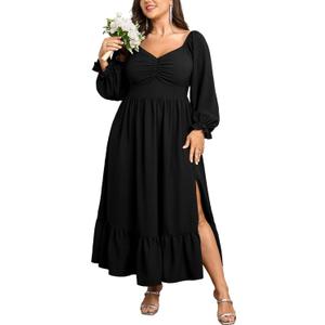 SCOMCHIC Womens Plus Size Wedding Guest Cocktail Dress Sweetheart Neckline Long Sleeve Smocked Ruffle Slit Maxi Dresses (Black, XL)
