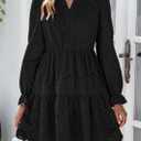 PRETTYGARDEN Women's Spring 2025 Long Puff Sleeve Mini Dress Hollow Out Lace V Neck A Line Ruffle Casual Party Dresses (Black)