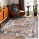 Washable Area Rug 5'x7' Retro Boho Chic Medallion Distressed Design Living Room Indoor Non-Slip Large Oriental Accent Throw Rug for Kitchen Bedroom Office Carpet (5' x 7' (Rectangular), Blue and Yellow)