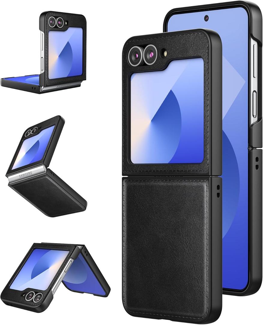 Foluu for Samsung Galaxy Z Flip 6 5G Case, Galaxy Z Flip 6 Leather Case, PU Leather + Hard PC Shell Ultra Thin Slim Durable Protective Phone Case Cover for Samsung Galaxy Z Flip6 5G 2024 (Black)