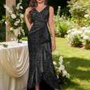 BeryLove Sequin Formal Wedding Guest Prom Cocktail Party Long Ruffle Dresses Sparkly Evening Mother of The Bride Dress (Black, XL)