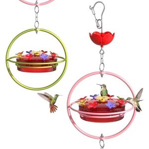 2 Pack Hummingbird Feeder - Wide Mouth Nectar Bird Feeder, Outdoors Hanging with Ant Moat & Easy-Refill Top, Garden Yard Decorative - Pink Metal Frame