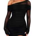 OZICERD Off The Shoulder Mini Dresses for Women Long Sleeve Ruched Bodycon Mesh Dress Cocktail Party Club Going Out Dress Black S