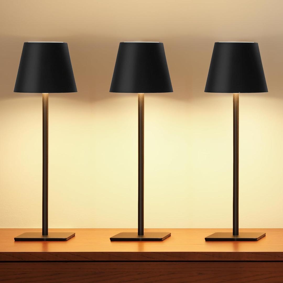 UME 3 Pack Cordless Table Lamp, Battery Operated Lamp - Portable Waterproof Rechargeable Table Lamp w/ 3 Color Temps & Stepless Dimming for Dinner, Desk, Cafe, Outdoor (Black)
