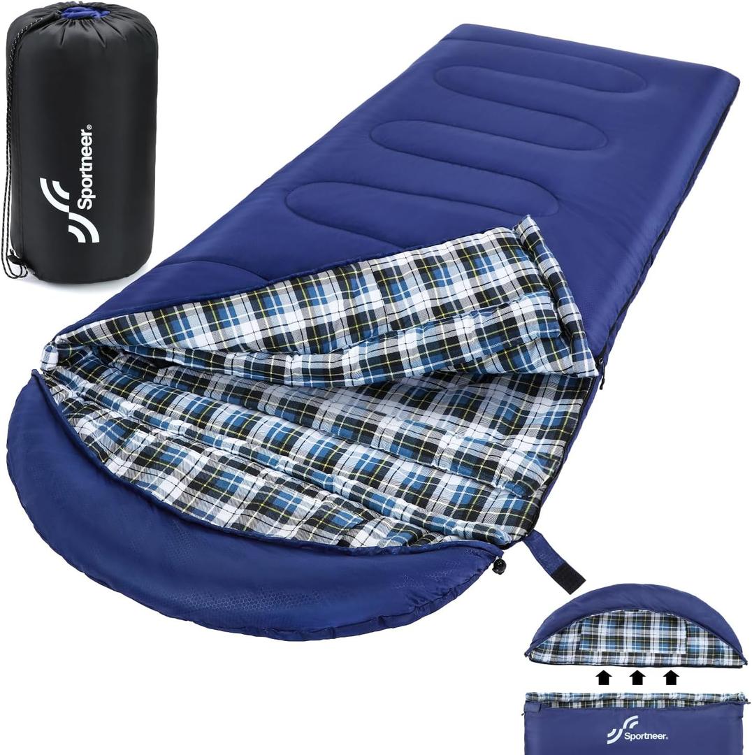 Sportneer 0 Degree Sleeping Bag for Cold Weather, XL Winter Sleeping Bag for Adults, Flannel Lined Camping Sleeping Bag, 32F59F Rated, 87" x 33.5", 4.4 lbs, Detachable Hood, Compression Sack (Blue)