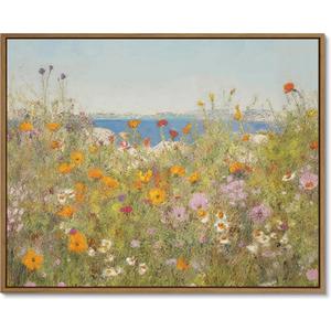 Gardenia Art Framed Wildflower Seaside Landscape Wall Art Colorful Flowers Field Painting Artwork Classical Summer Coastal Scene Pictures Decor Boho Floral Wall Decor for Bathroom Bedroom Office 12x16 (16L" x 12W")