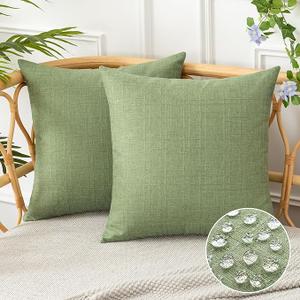 UGASA Outdoor Throw Pillow Covers Pack of 2 Plaid Texture Waterproof Farmhouse Linen Decorative Square Cushion Pillows Covers for Patio Porch Outside Yard Garden Bench 16x16 Inch, Sage Green