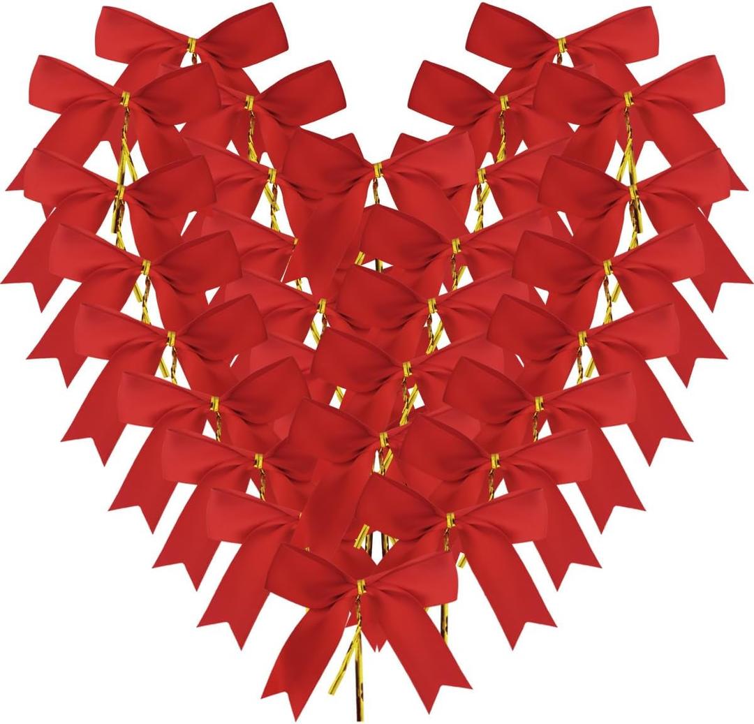 50pcs 3.5" Red Satin Ribbon Bows Twist Tie Bows for Gift Wrapping Christmas Tree Decoration with Fish Tails (Red)