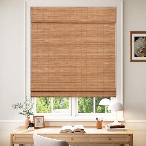 LazBlinds Cordless Blackout Bamboo Roman Shades, Room Darkening Blinds for Interior Windows, Thermal Insulated Roll Up Bamboo Blinds for Home & Patio, 34" W x 64" H, Papara Carbon