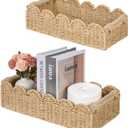 CubesLand Decorative Toilet Paper Storage Basket, Modern Farmhouse Home Decor Basket for Organizing, Scalloped Pantry Baskets for Shelves, Countertop, Living Room, w/Wood Handles, Beige 2 Sizes