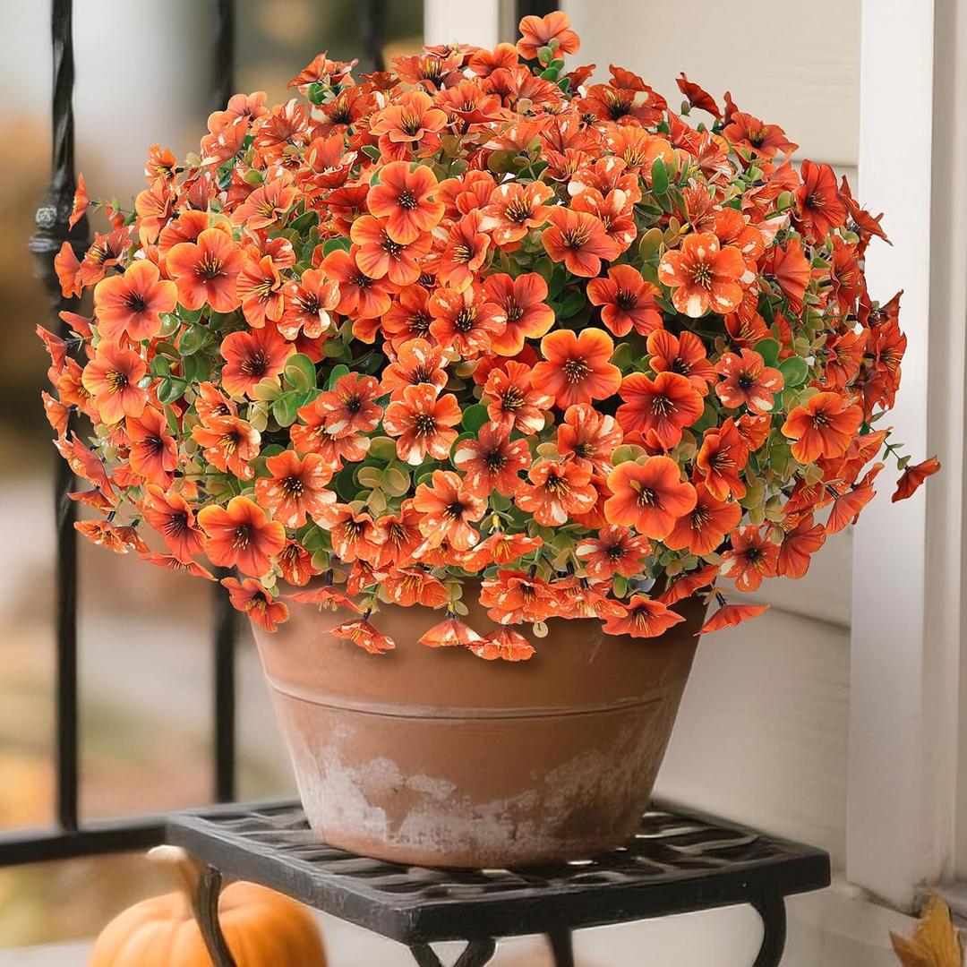 Artificial Flowers for Outdoor Fall Decoration-Faux Flower Petunia with Eucalyptus Fake Plants Boxwood for Front Door Planter Home Garden Porch Patio Thanksgiving Autumn Decor-24 Bundles (Orange)