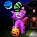 7FT Halloween Inflatables Purple Cat with Pumpkin Decoration, Blow up Cat Wear Crazy Hat & Halloween Pumpkin Inflatable Built-in 5 LEDs for Halloween Party Parade Haunted House Lawn Decor