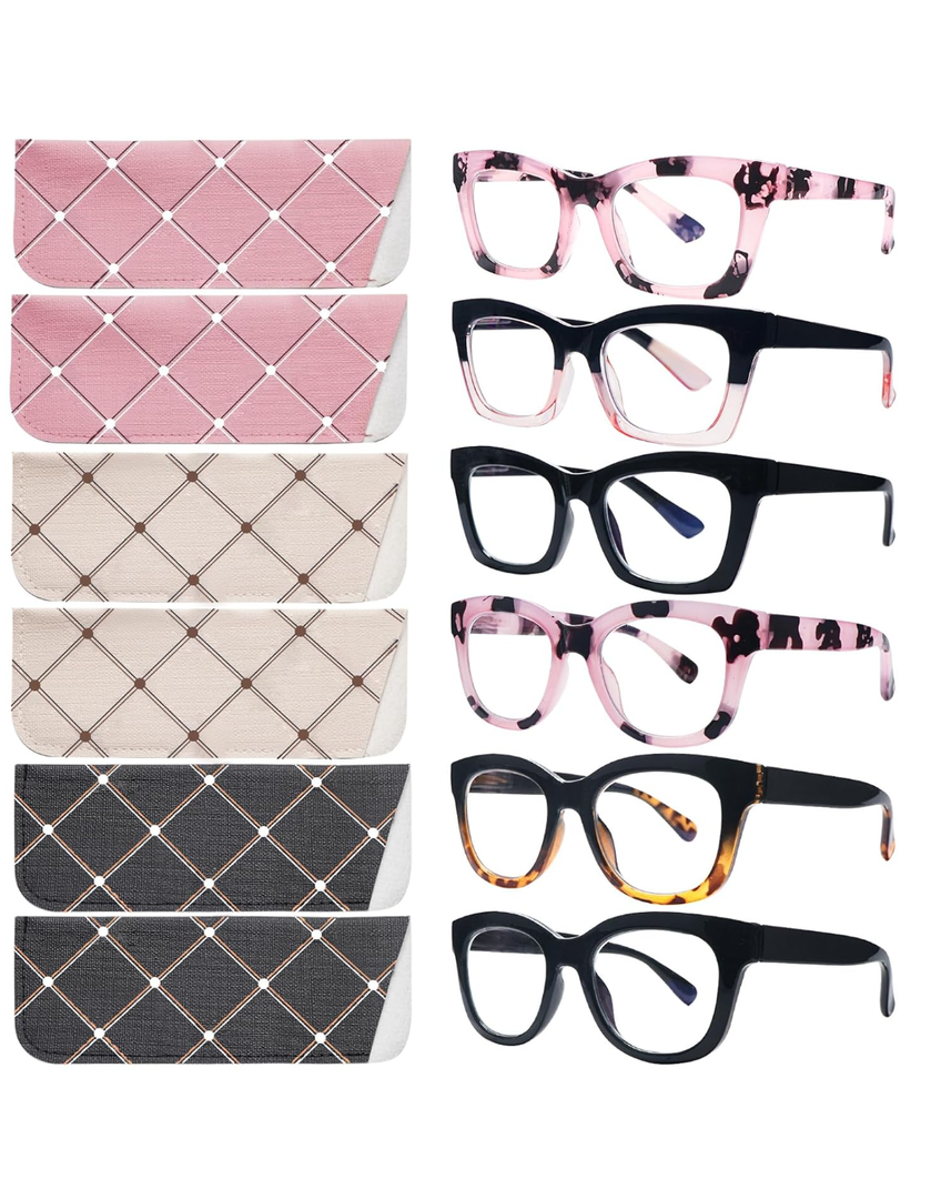 SIGVAN 6 Pack Oprah Style Reading Glasses Blue Light Blocking Square Computer Spring Hinge Readers for Women +4