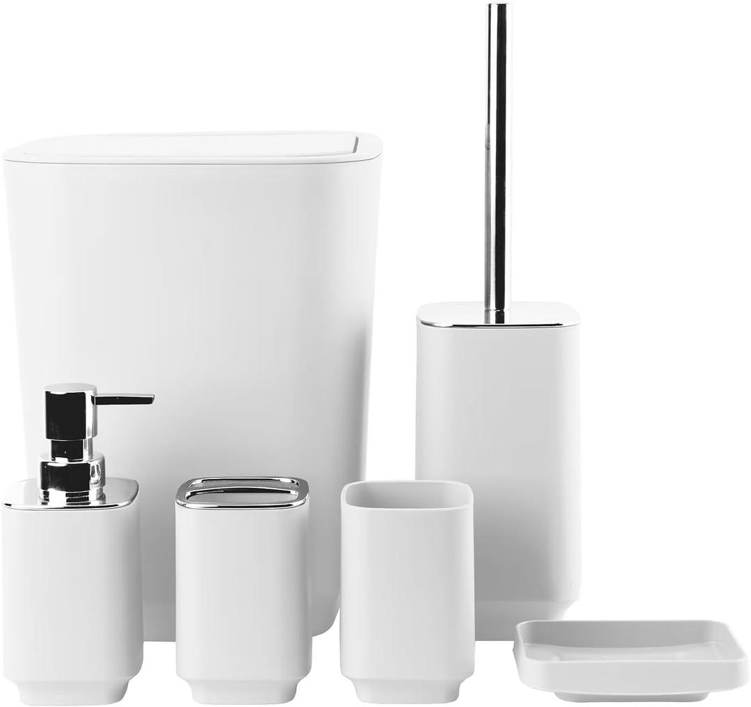 Bathroom Accessory Set 6 Piece Bathroom Accessories Set with Toothbrush Holder&Cup,Soap Dispenser& Dish,Toilet Brush Holder,Trash Can Plastic Gift Set for Bathroom Decorative CountertopWhite