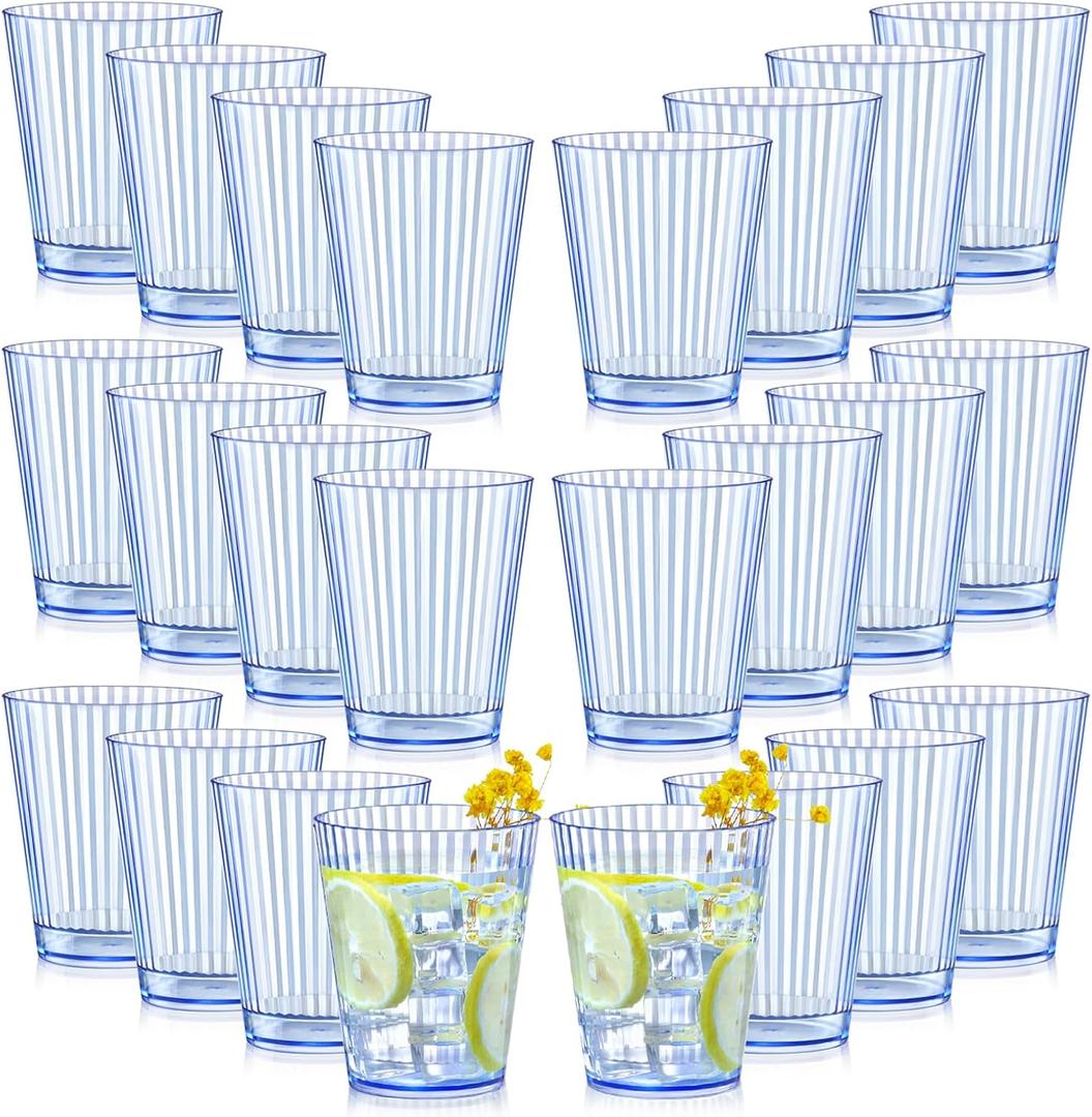24 PCS Plastic Ribbed Drinking Glasses 10oz Blue Unbreakable Vintage Ripple Stemless Wine Glasses Cocktail Tumbler Glass Cups Disposable Retro Glasses Drinkware for Wedding Baby Shower Birthday Party