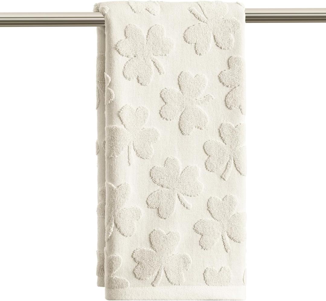 Artoid Mode 1 Pc Beige 3D Shamrock Jacquard Patrick Hand Towels for Bathroom, 100% Cotton Soft Absorbent Bathroom Decor Towels, 13.7 x 29.5 Inch