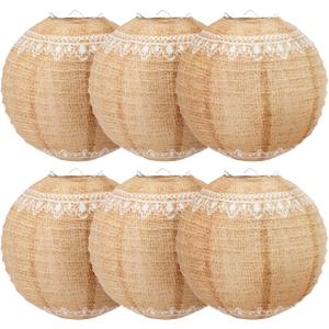 6 Pcs Burlap Paper Lanterns 8 Inch Boho Chinese Paper Lantern Decorative Hanging Lantern Indoor Lace Rustic Farmhouse Classroom Decor for Wedding Bridal Birthday Party