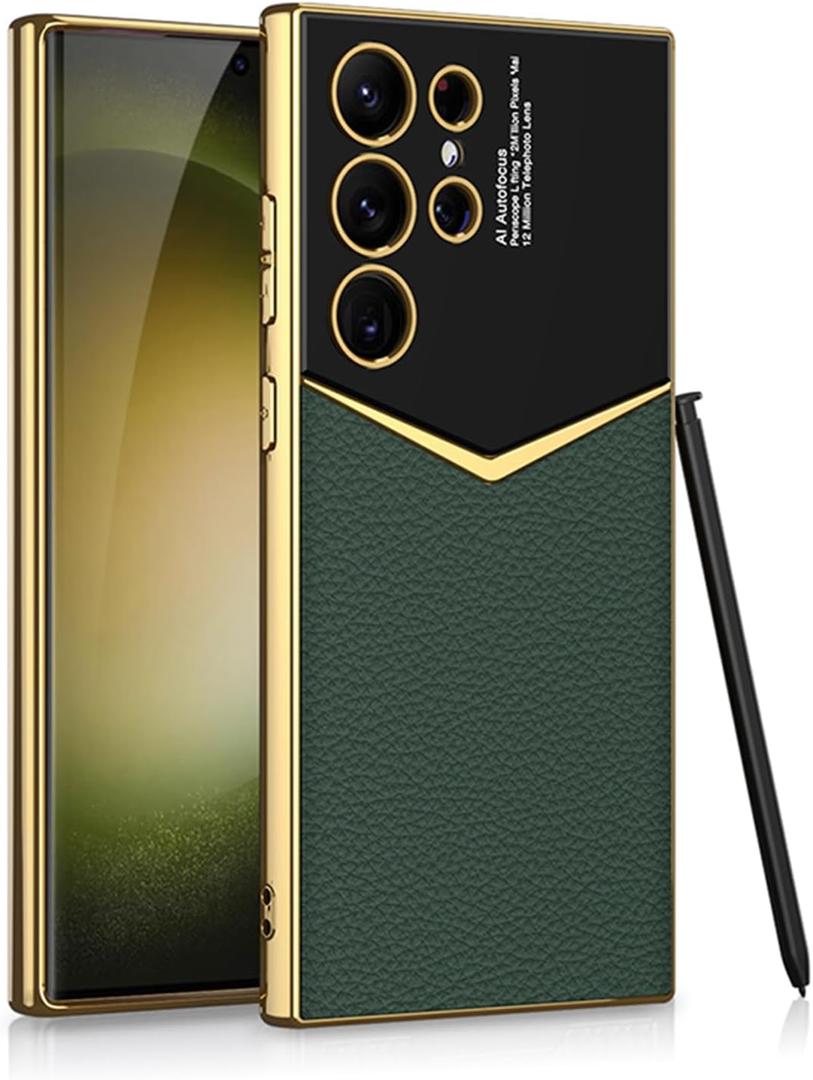 Leather Case for Samsung Galaxy S23 Ultra with Electroplated Frame, Vintage Luxury PU Non-Slip Grip Shockproof Full Body Protective Cover Phone Cases for Samsung Galaxy S23 Ultra 5G (Green)