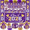 Graduation Decorations Class of 2026 Purple and Gold Graduation Decorations with Congrats Grad Banner,Backdrop,Porch Sign,Balloons,Hanging Swirls,Honeycomb Centerpieces,Box for Graduation Party Decor