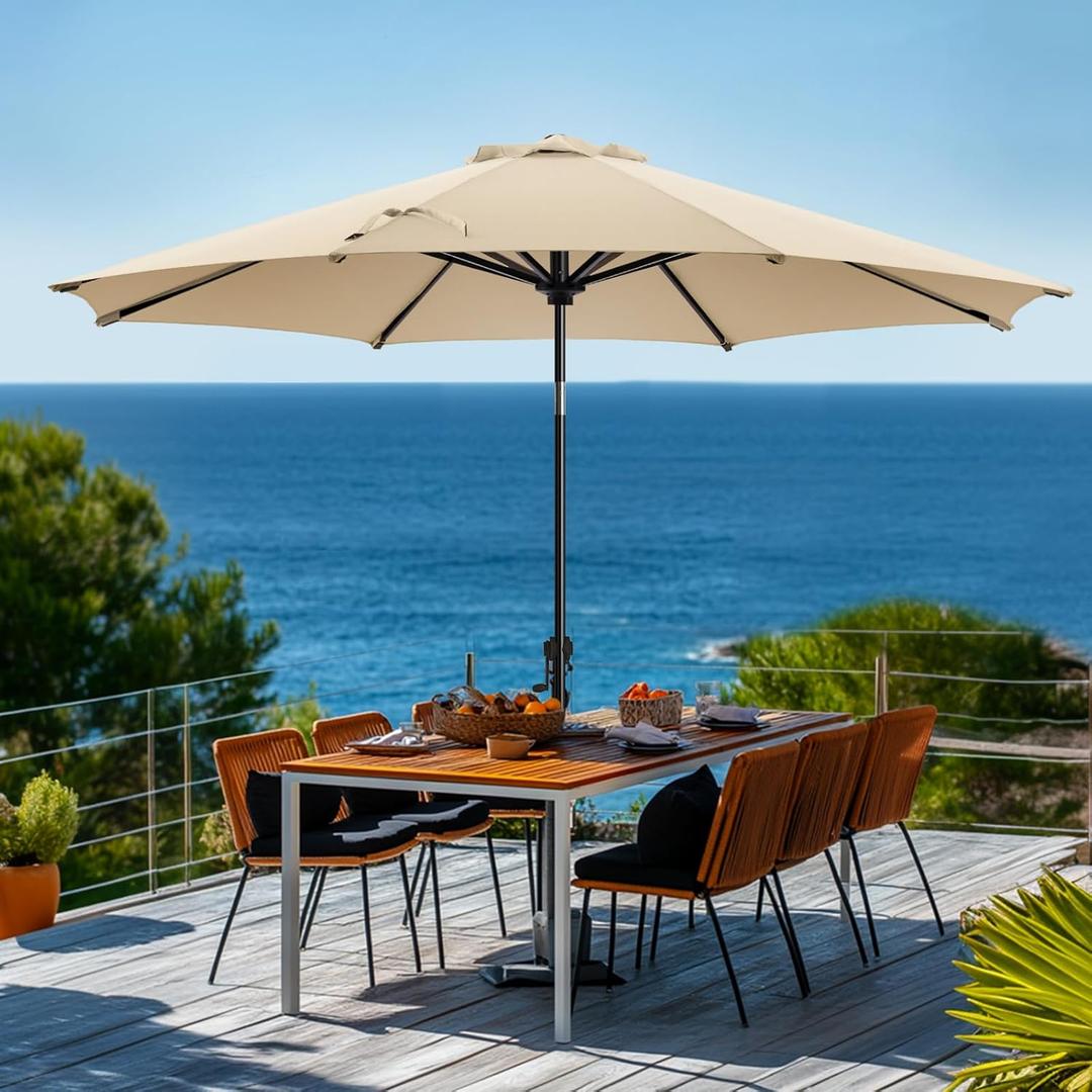 wikiwiki 9 FT Patio Umbrellas Outdoor Table Market Umbrella with Push Button Tilt/Crank,8 Sturdy Ribs, Fade Resistant Waterproof POLYESTER DTY Canopy for Garden, Lawn, Deck, Backyard & Pool (Beige)
