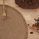 Matiquora 15 Inch Set of 6 Round Woven Placemats Braided Paper Heat Resistant Table Mats with Tassel Boho Indoor Outdoor Table Placemats for Dining Tables Tangerine Red