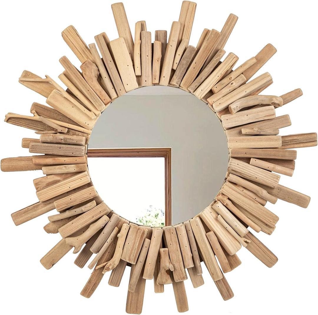 Rustic Driftwood Round Wall Mirror – Large Natural Wooden Frame Decorative Mirror for Farmhouse Coastal Boho Home Décor – 23" Sizes for Bathroom, Living Room, or Entryway