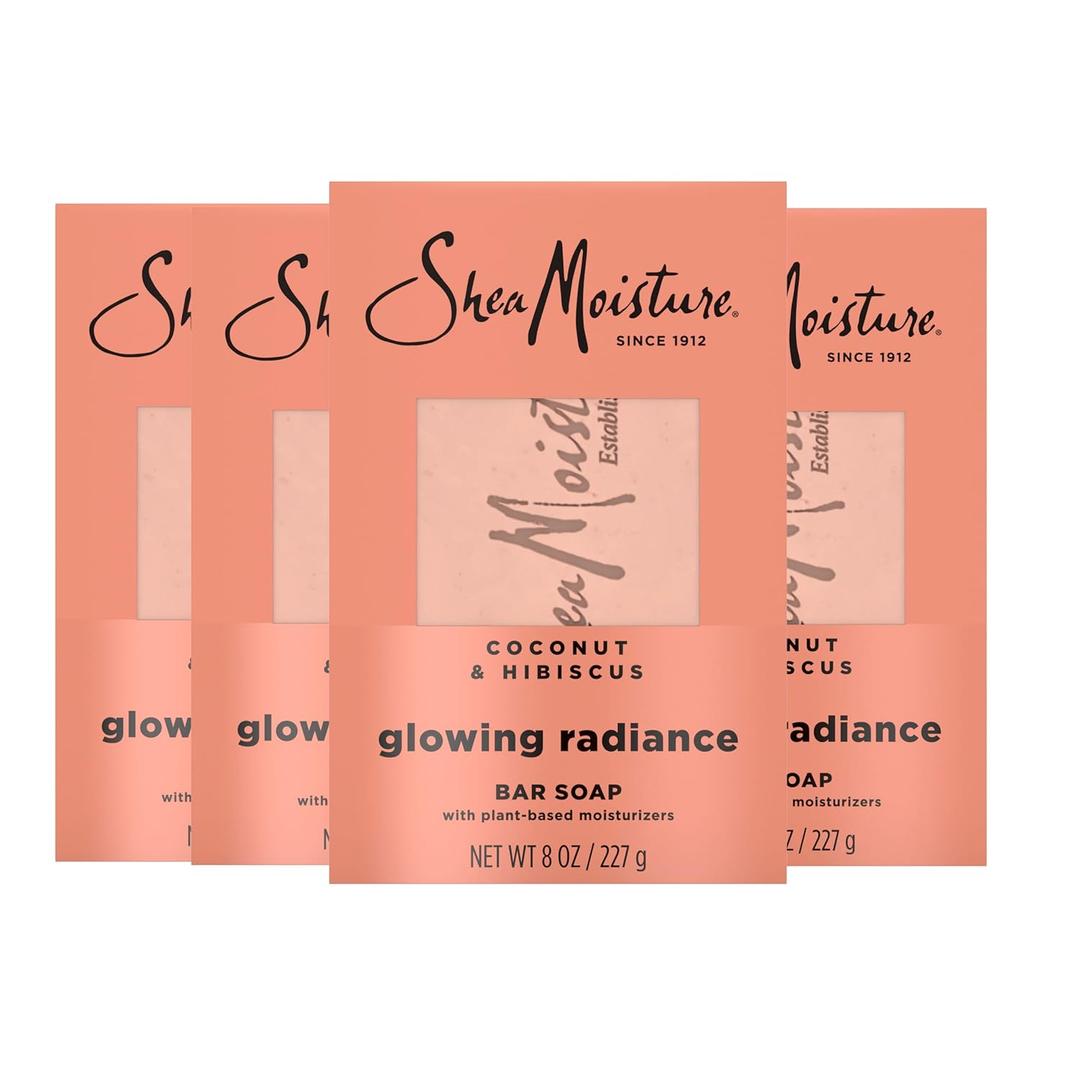 SheaMoisture Bar Soap Coconut and Hibiscus 4 Count Glowing Radiance Glowing Radiance bar soap with 24h Shea Moisture Nutrients for Healthy, Glowing Skin 8 oz