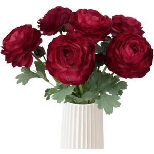 Dark Red Ranunculus Artificial Flowers 6PCS Real Touch Ranunculus Flowers Fake Peonies Artificial Flowers for DIY Wedding Bouquet Party Table Home Decor(Dark Red)