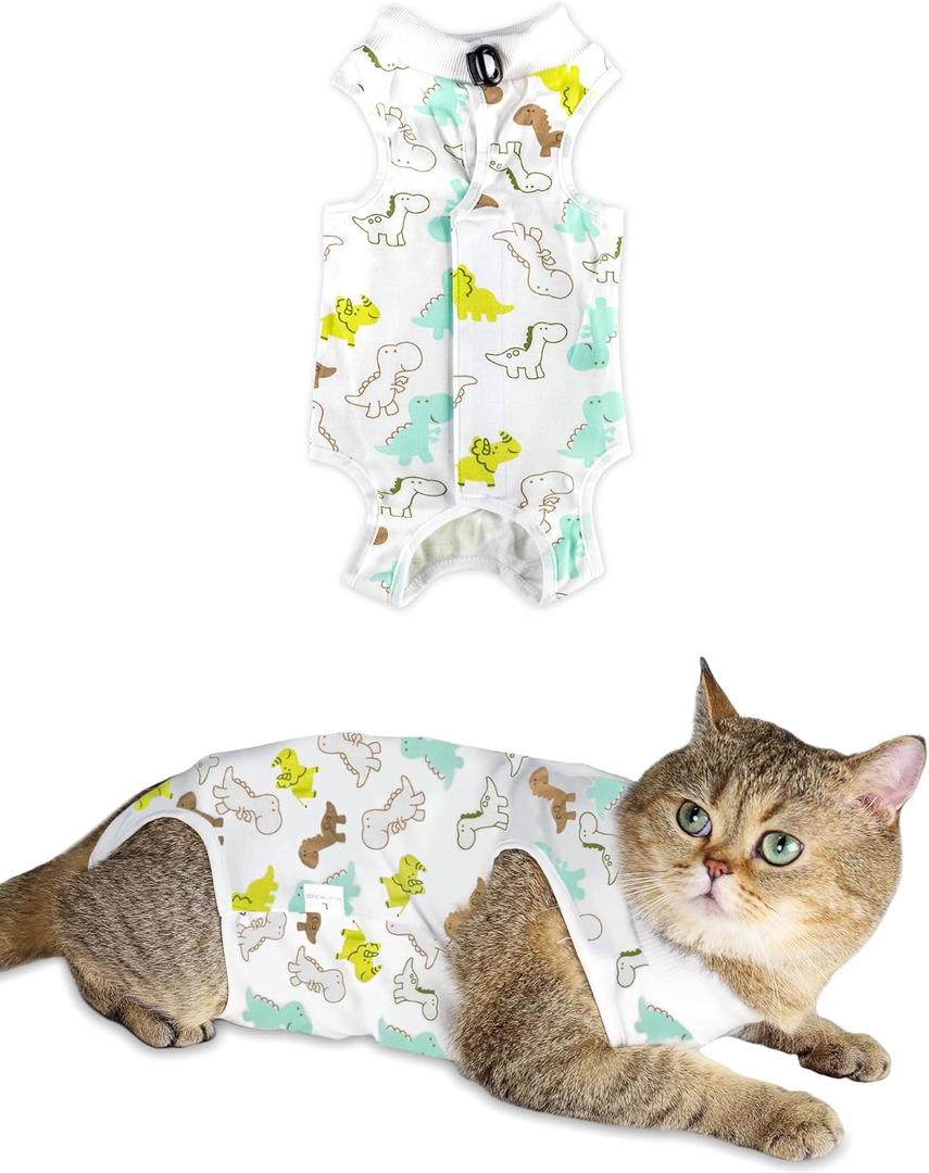 ANWA Cat Recovery Suit - Breathable Cat Onesie for Cats After Surgery Female, Kitten Surgery Recovery Suit Female Abdominal Wounds (Medium, Dinosaur)