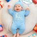Cute Newborn Unisex Baby 100% Cotton Long Sleeve Onesie Coming Home Outfits,Soft Romper with Mittens & Hat (Blue)