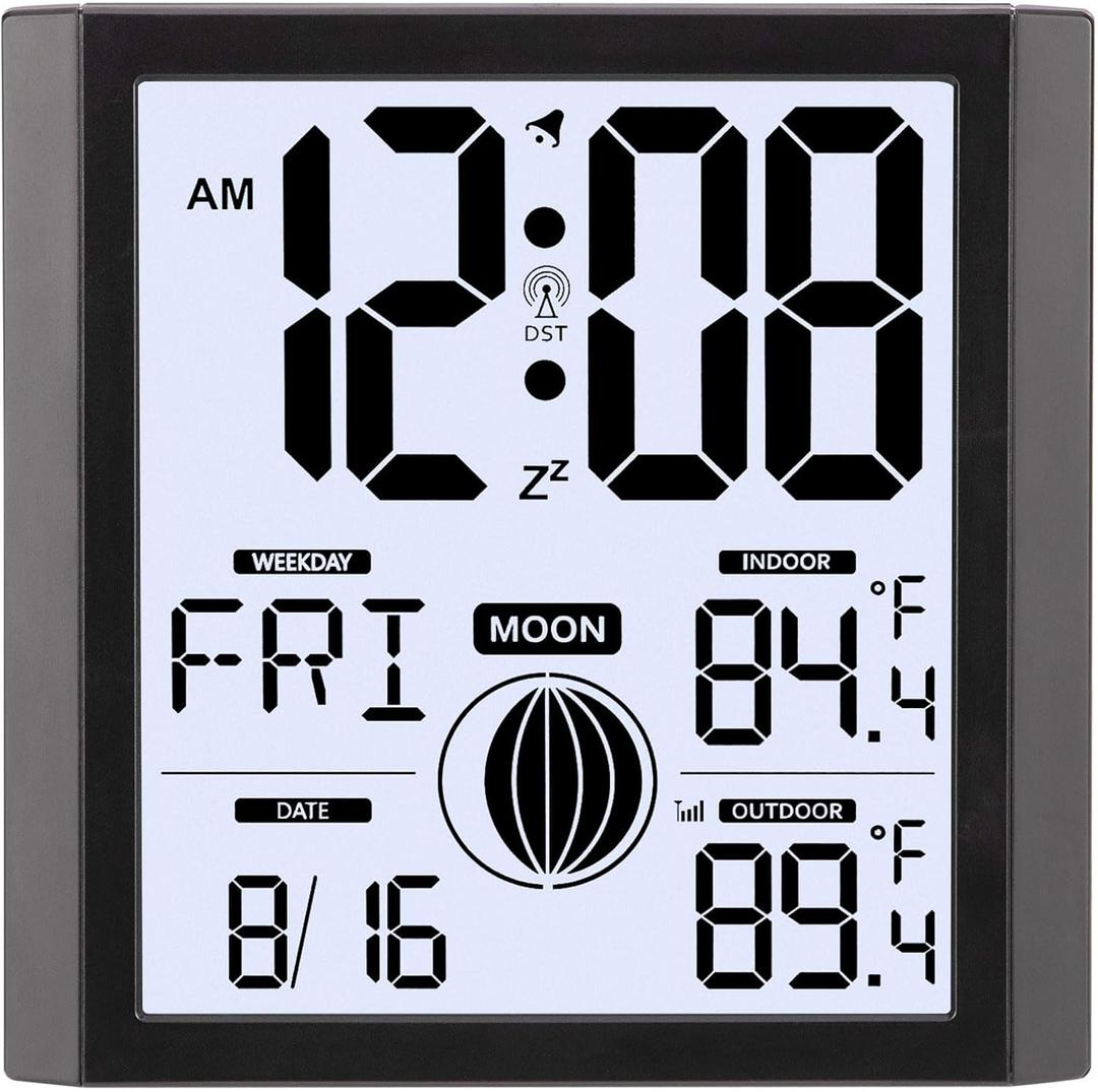 Atomic Wall Clock with Outdoor/Indoor Temperature Digital Battery Operated Backlight Large Number Display Moon Phases 8.8' Desk Alarm Clocks for Bedrooms, Classroom, Seniors, Office,Kitchen