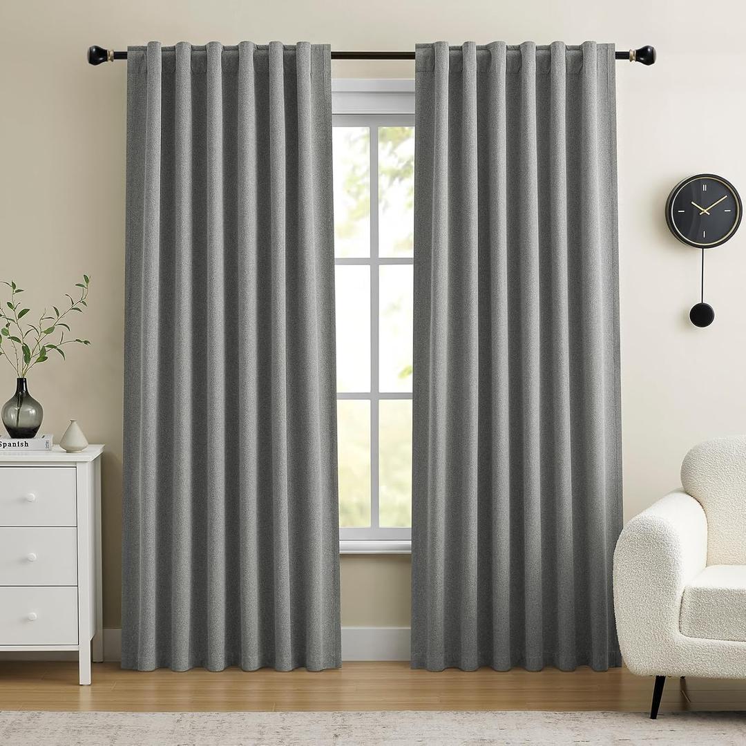 Dreaming Casa 100% Blackout Curtains 84 Inches Long, Linen Textured Window Treatment Rod Pocket & Back Tab Curtain Drapes for Bedroom Living Room, 2 Panels, 52" W x 84" L, Heather Grey