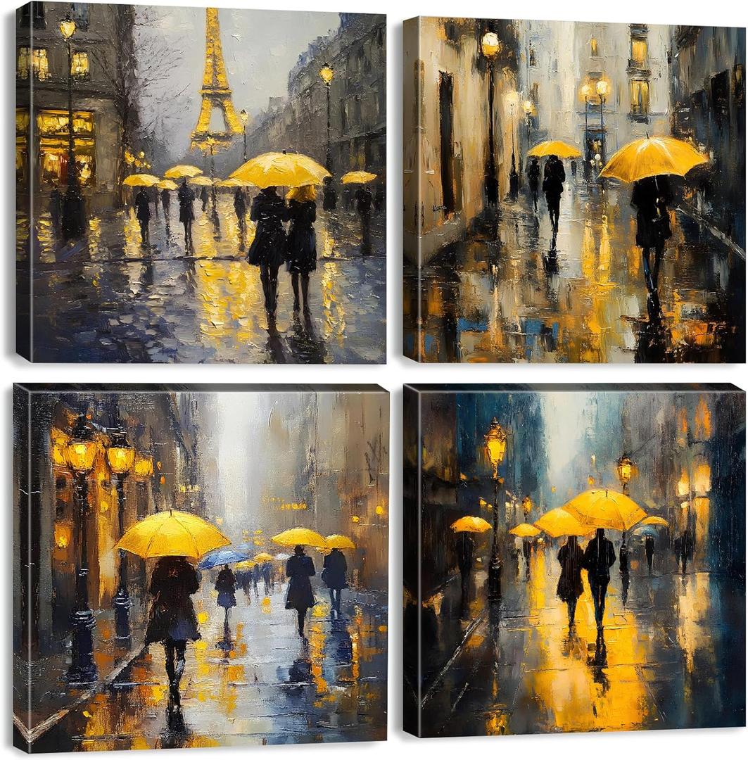 Abstract Paris Wall Art City Pictures Rainy Street Landscape Paintings Canvas Prints Yellow and Grey Wall Decor Eiffel Tower Cityscape Posters Artwork for Bedroom Living Room Home Decoration 12x12" 4P